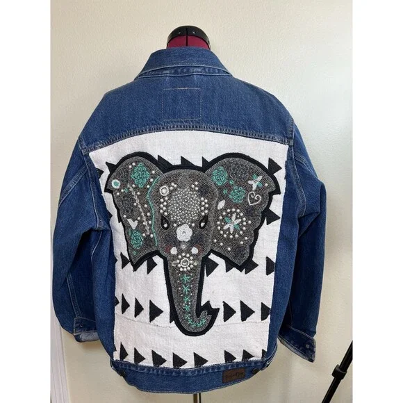 Pink & Silver Fashion Boho-Chic One Of A Kind Levi's Hand Beaded M Denim Jacket - Picture 1 of 16